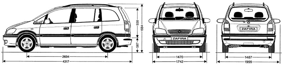 Габаритные размеры Опель Зафира «А» 1998-2004 (dimensions Opel Zafira «A»)