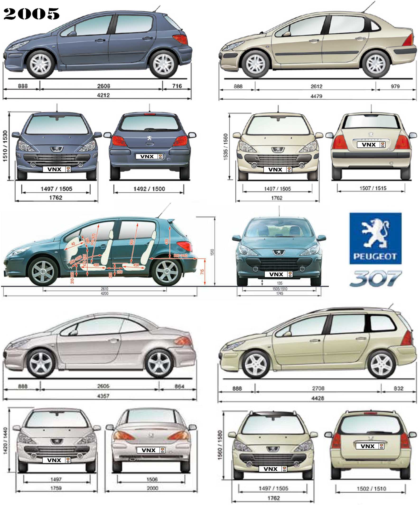 Габаритные размеры Пежо 307 рестайлинг (dimensions Peugeot 307 2005)