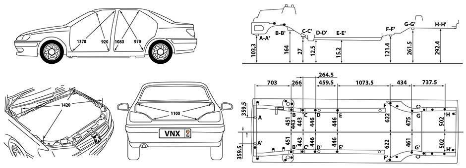 Контрольные размеры кузова Пежо 406 (body dimensions Peugeot 406)