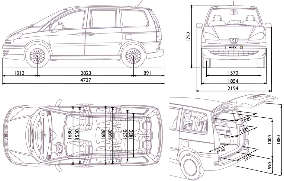 Габаритные размеры Пежо 807 2002-2014 (dimensions Peugeot 807)