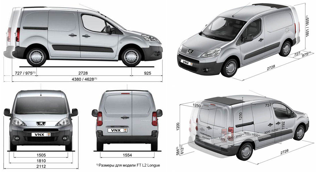 Габаритные размеры Пежо Партнер Тепи с 2008 (dimensions Peugeot Partner Tepee)
