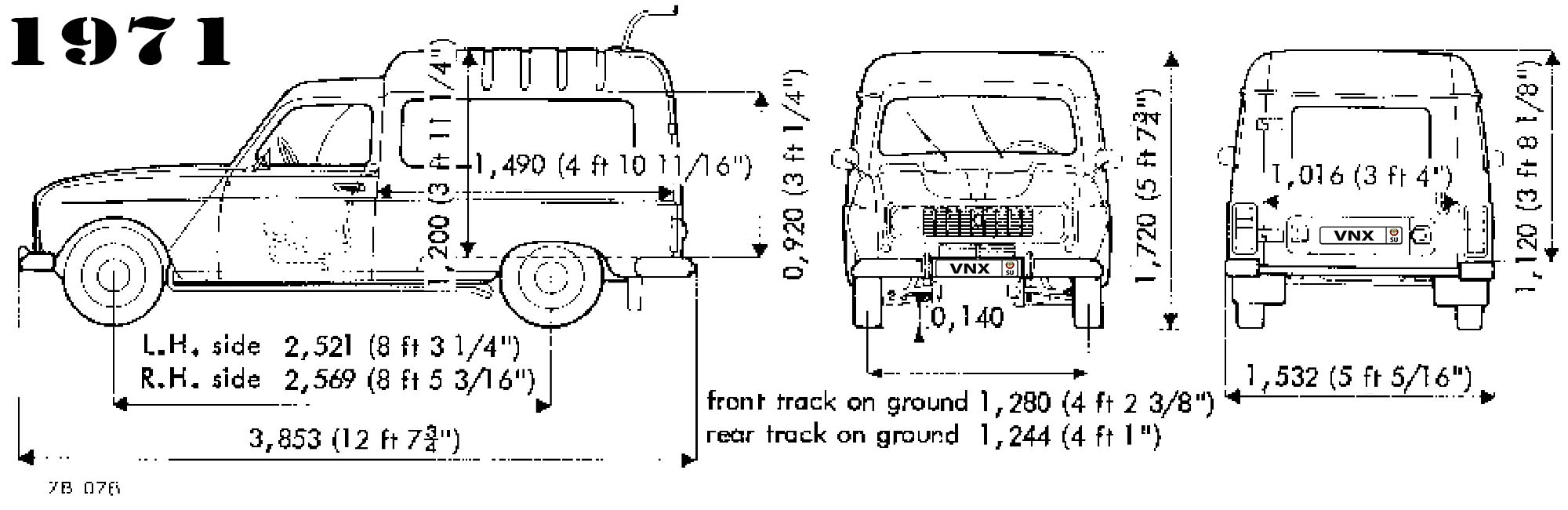 Габаритные размеры Рено 4 грузопассажирский фургон (dimensions Renault 4 Sided Van Long Chassis)