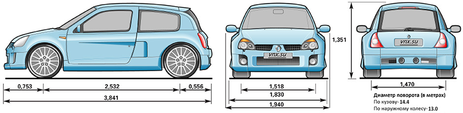 Габаритные размеры Рено Клио 2001-2005 (dimensions Renault Clio V6 Phase 2)