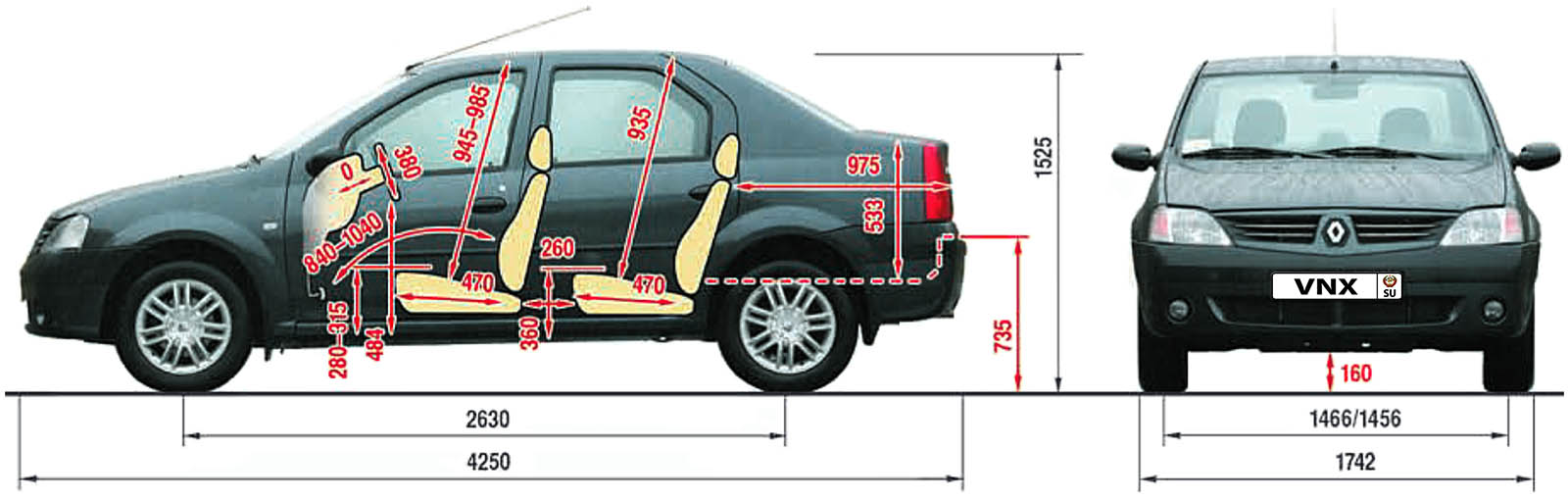 Габаритные размеры Рено Логан 2006 (dimensions Renault Logan I)