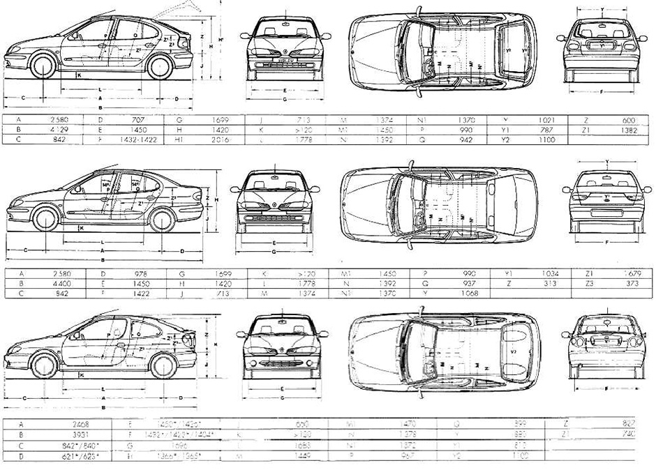Габаритные размеры Рено Меган 1995-2002 (dimensions Renault Megane Mk I)