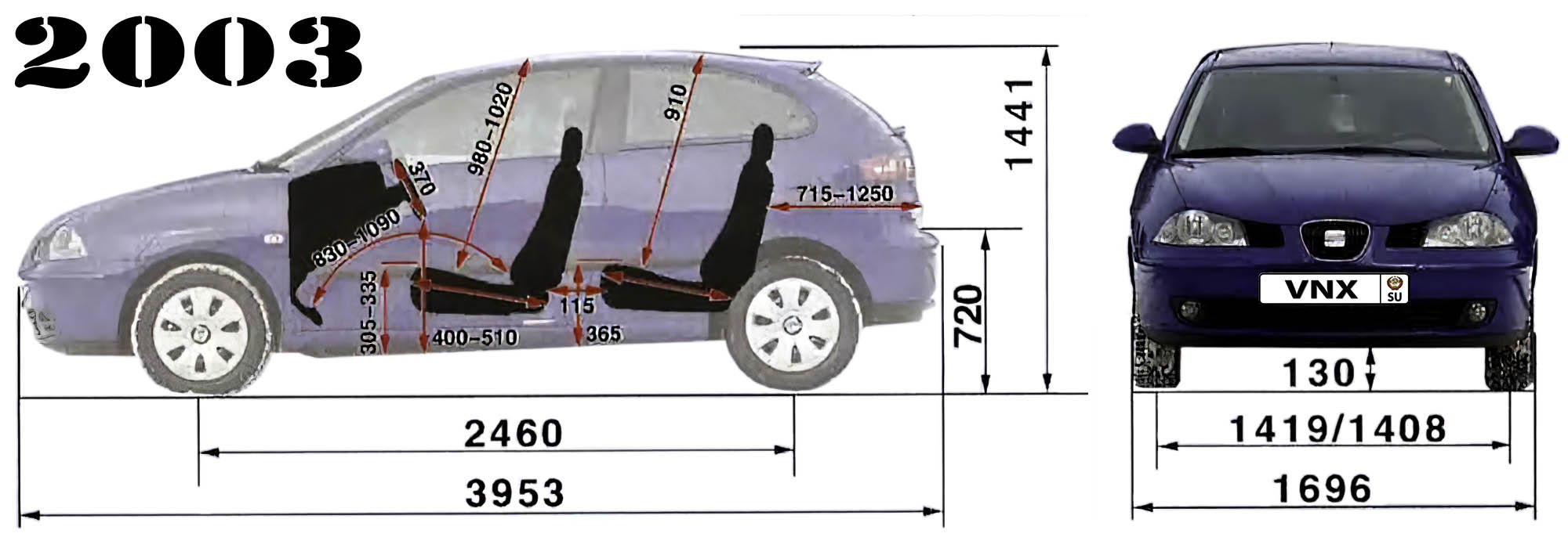 Габаритные размеры Сеат Ибица 2001-2009 (dimensions Seat Ibiza mk3)