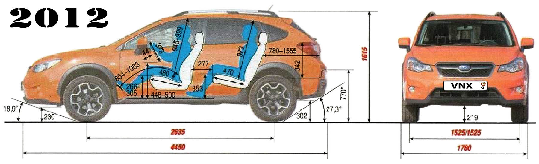 Габаритные размеры Субару ИксВи 2012 (dimensions Subaru XV GP)