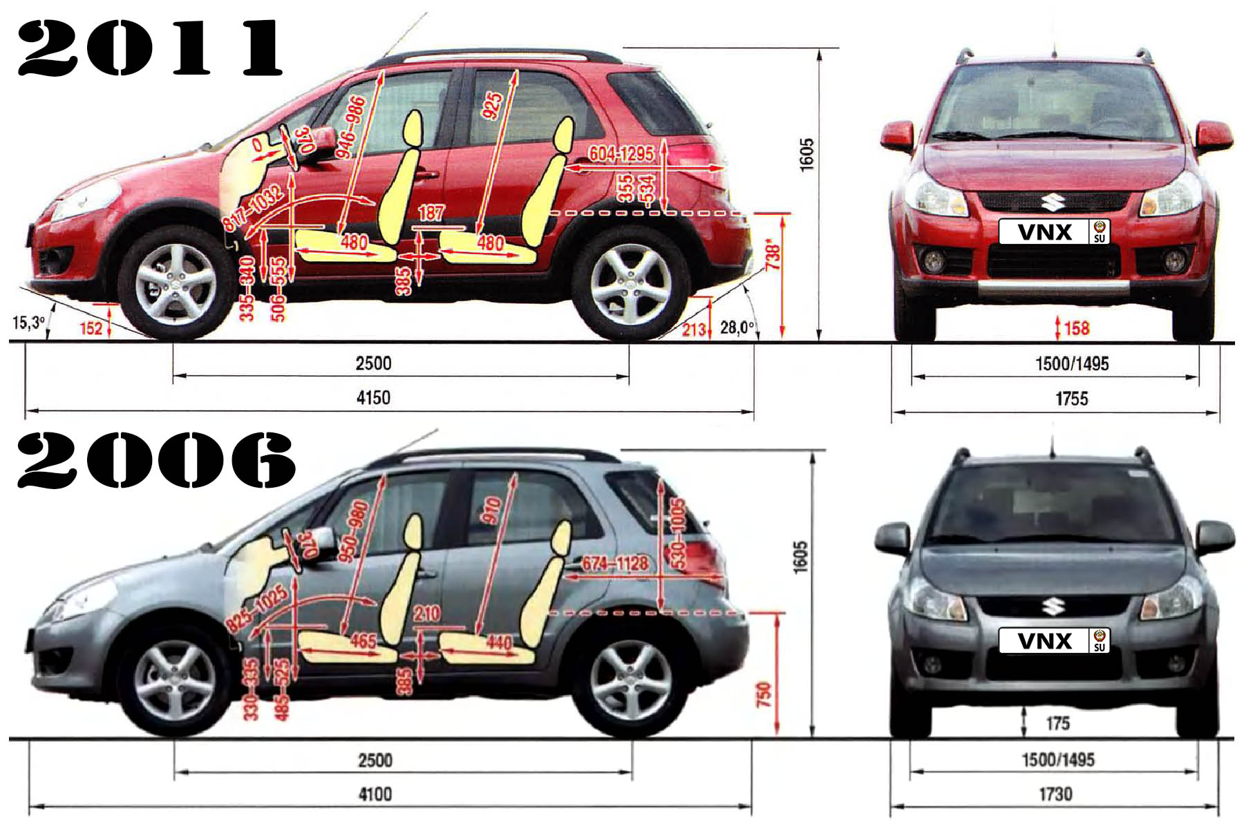 Габаритные размеры Сузуки Сузуки ЭсИкс4 2006-2014 (dimensions Suzuki SX4 mk1)