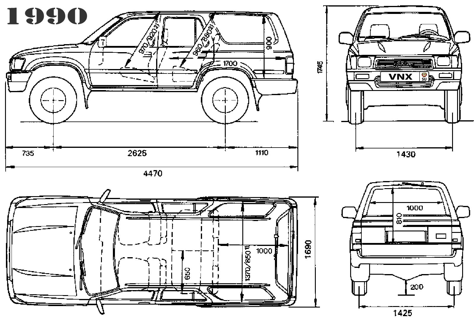 Габаритные размеры Тойота 4Раннер 1990-1995 (dimensions Toyota 4Runner N120)