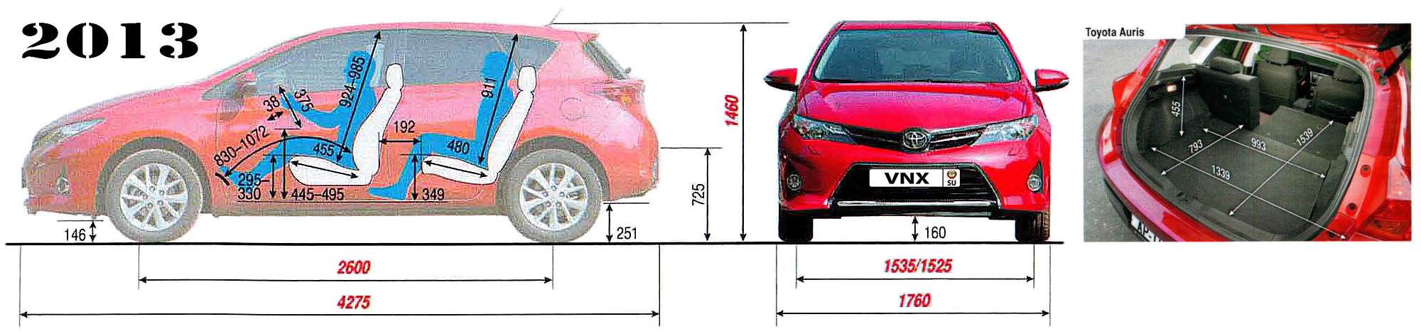 Габаритные размеры Тойота Аурис 2012-2018 (dimensions Toyota Auris E180)