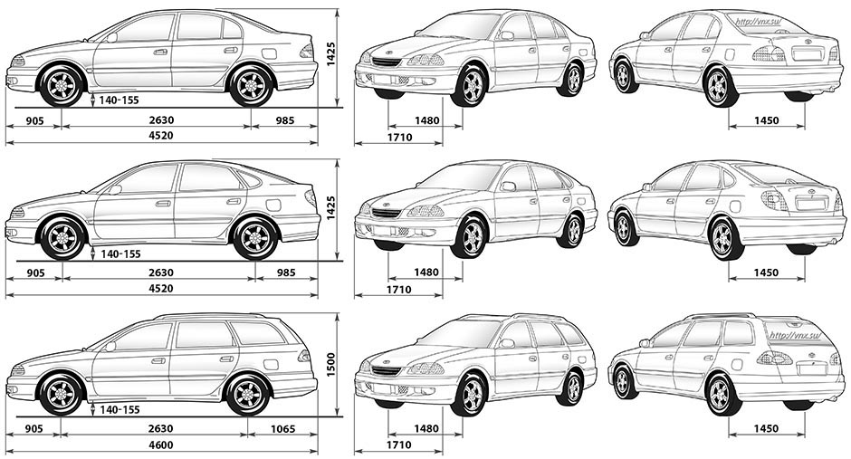 Габаритные размеры Тойота Авенсис 2000-2003 (dimensions Toyota Avensis Mark I)