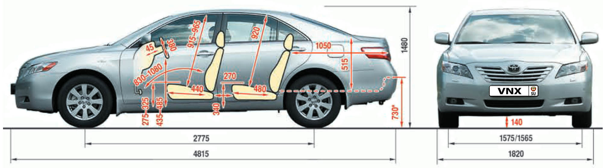 Габаритные размеры Тойота Камри 2006-2011 (dimensions Toyota Camry V40)