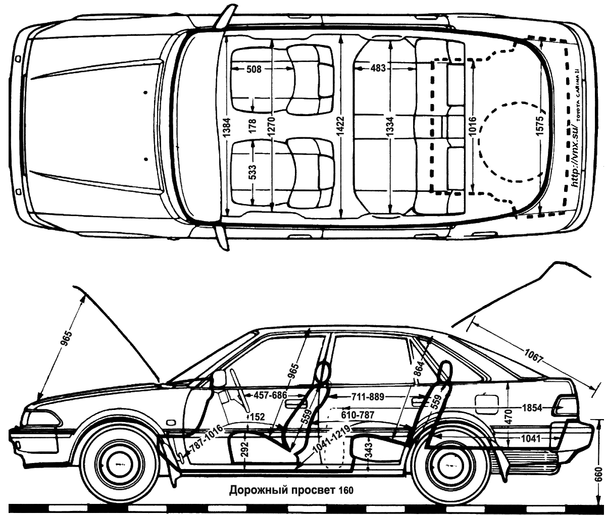 Габаритные размеры салона Тойота Карина 2 (interior dimensions Toyota Carina II)