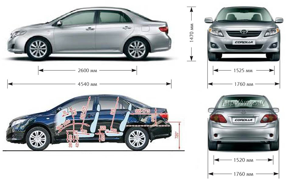 Габаритные размеры Тойота Королла 2006-2013 (dimensions Toyota Corolla E140/ E150)