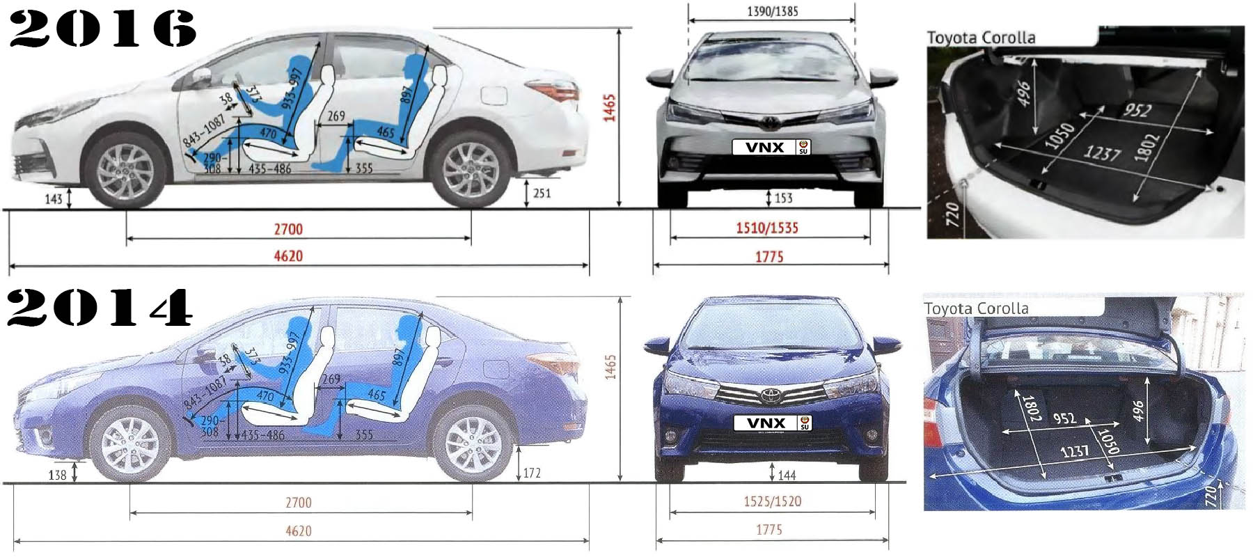 Габаритные размеры Тойота Королла 2013-2019 (dimensions Toyota Corolla E170)
