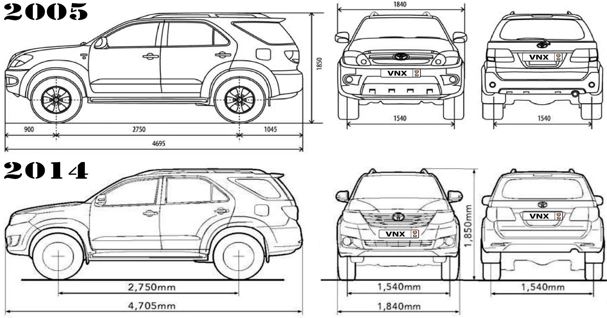 Габаритные размеры Тойота Фортунер 2004-2015 (dimensions Toyota Fortuner AN50/AN60)