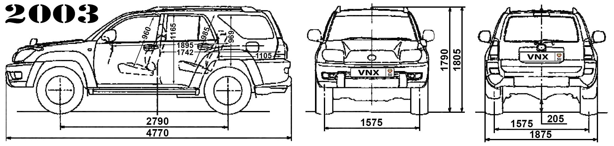 Габаритные размеры Тойота ХайЛюкс Сёрф и ХайЛюкс 2002-2009 (dimensions Toyota Hilux Surf / 4Runner N210)