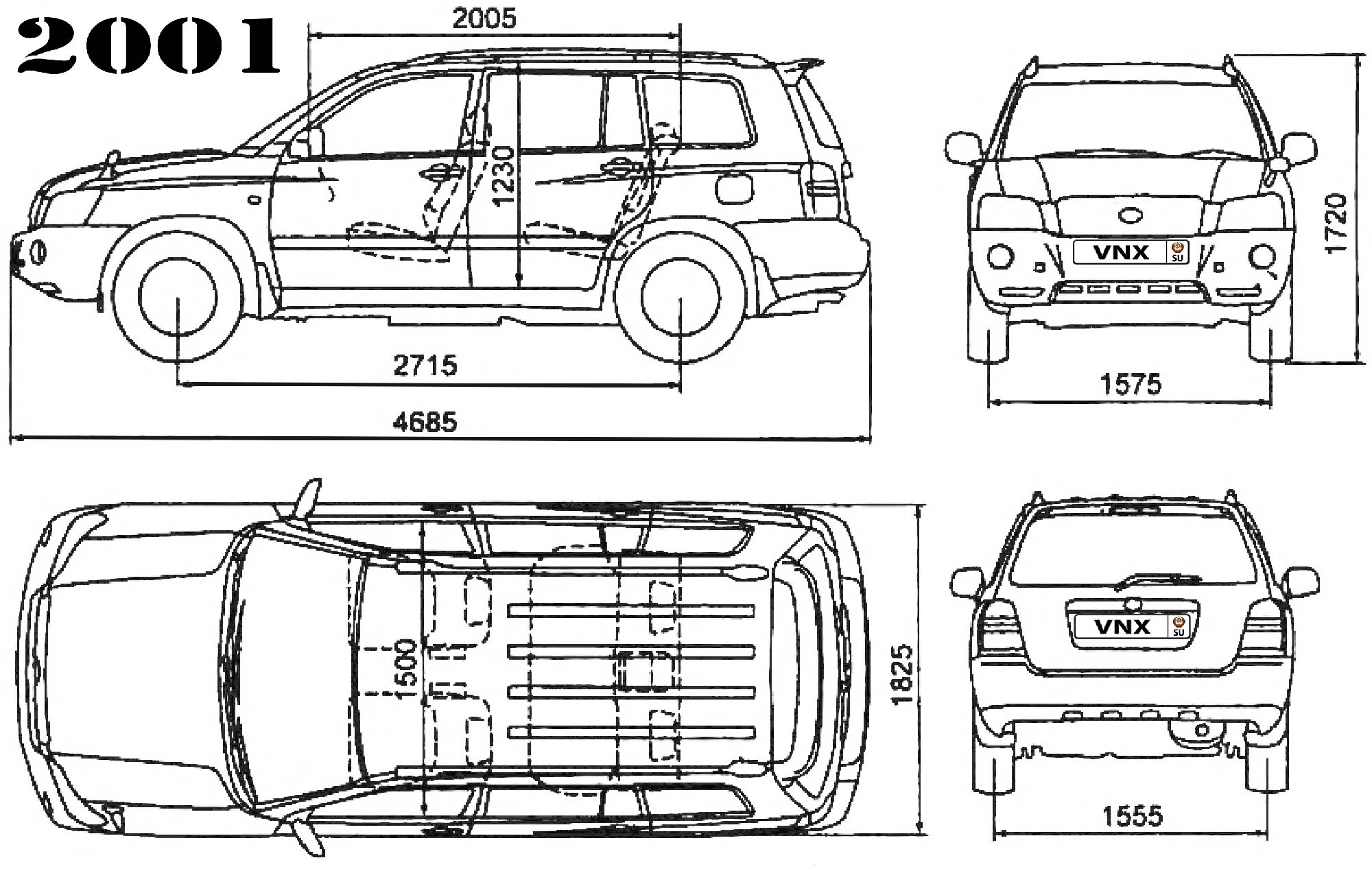 Габаритные размеры Тойота Клюгер 2000-2007 (dimensions Toyota Kluger XU20)