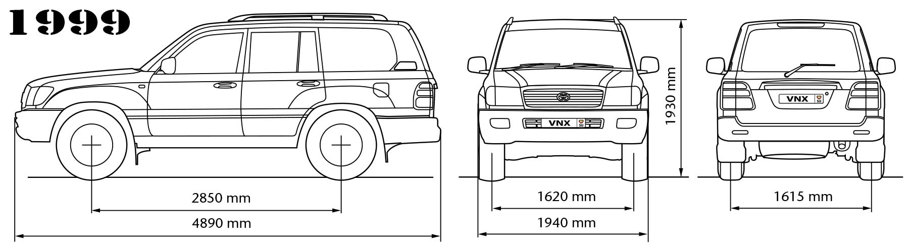 Габаритные размеры Тойота Ленд Крузер 100 дизельные 1998-2007 (dimensions Toyota Land Cruiser J100 diesel)