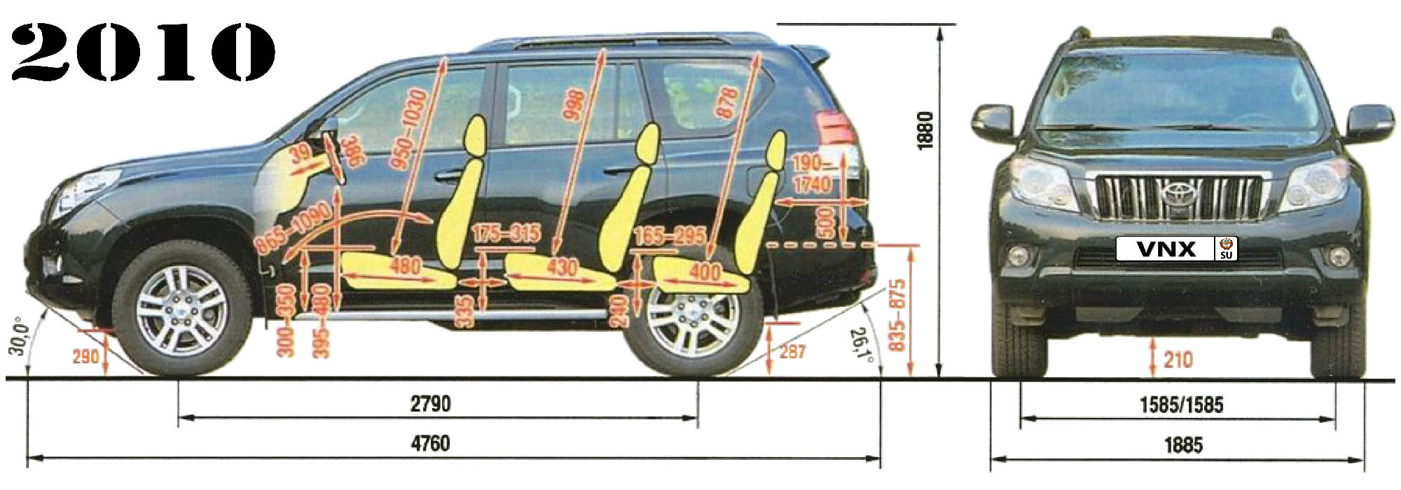 Габаритные размеры Тойота Ленд Крузер Прадо 2009-2016 (dimensions Toyota Land Cruiser Prado J150)