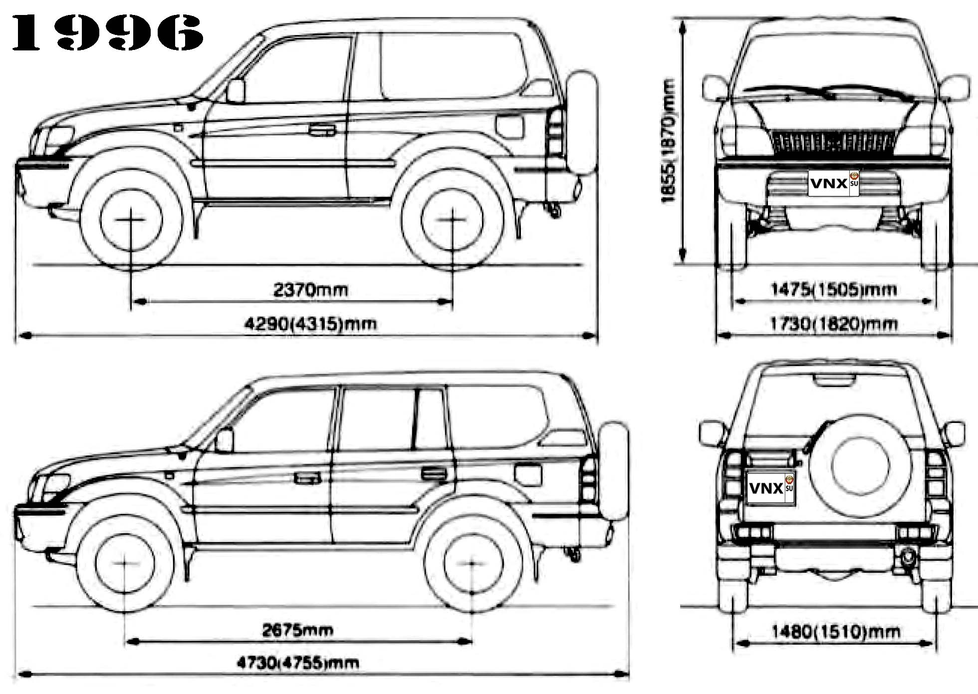 Габаритные размеры Тойота Ленд Крузер Прадо 1996-2002 (dimensions Toyota Land Cruiser Prado J90)