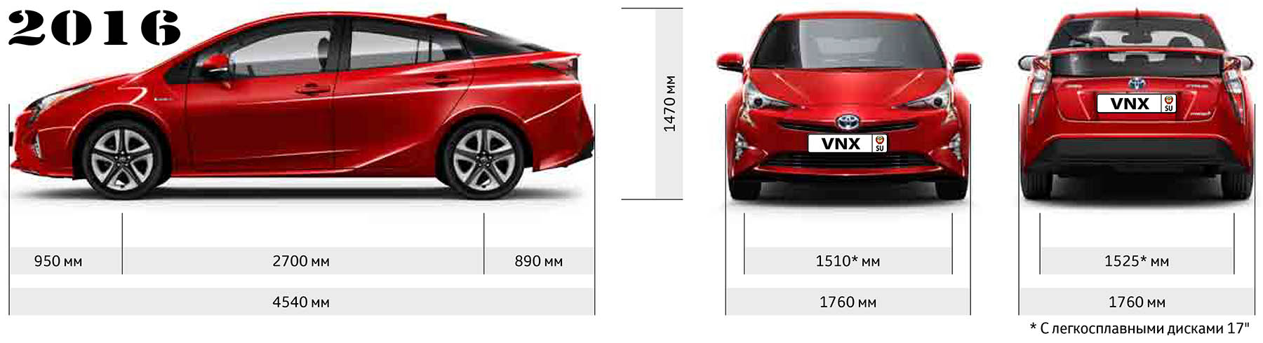 Габаритные размеры Тойота Приус с 2015 (dimensions Toyota Prius XW50)