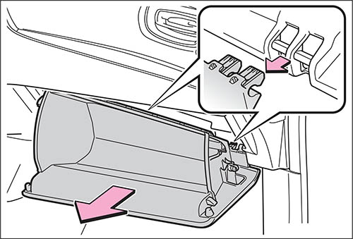 Когда перчаточный ящик полностью открыт, слегка приподнимите его и потяните по направлению к сиденью - Toyota Prius XW50 видео замена фильтра салона