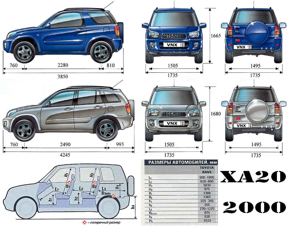 Габаритные размеры Тойота РАВ4 2000-2005 (dimensions Toyota RAV4 XA20)
