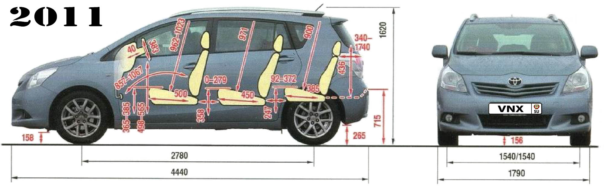 Габаритные размеры Тойота Версо 2009-2012 (dimensions Toyota Verso)