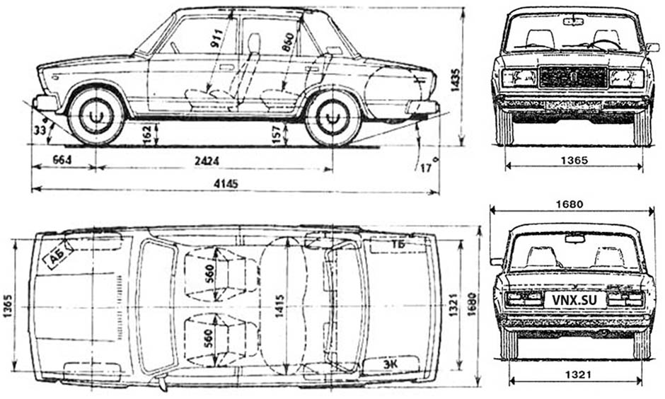 Основные габаритные размеры ВАЗ-2107 (General technical specifications - dimensions Lada 2107)