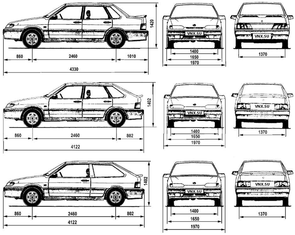 Габаритные размеры ВАЗ-2113, ВАЗ-2114, ВАЗ-2115 (dimensions Lada Samara 113/114/115)
