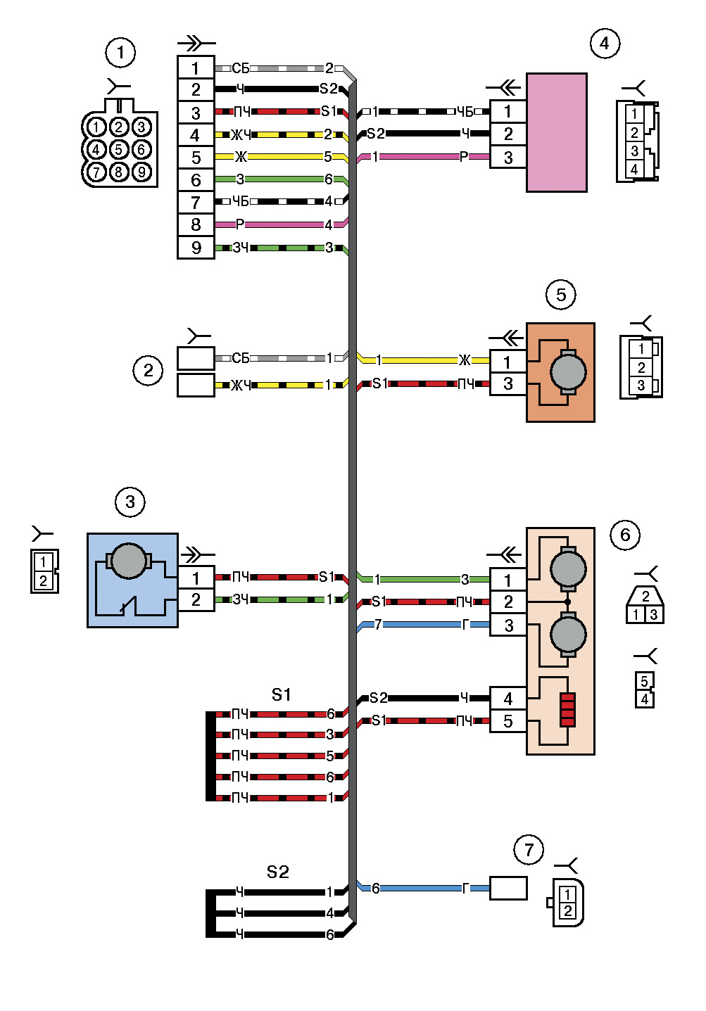 Схема электрических соединений жгута проводов дополнительного заднего правого (правой передней двери) автомобиля LADA 2170