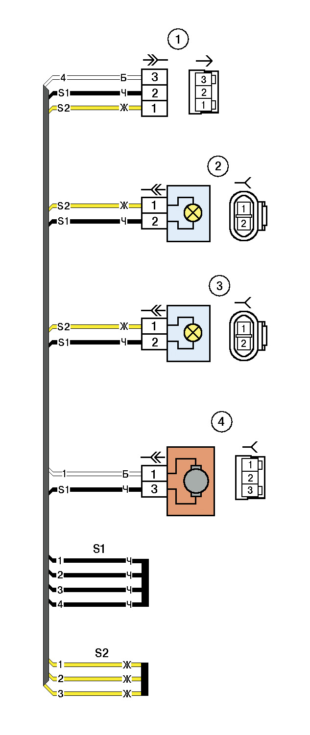 Схема электрических соединений жгута проводов фонарей освещения номерного знака автомобиля LADA 2170