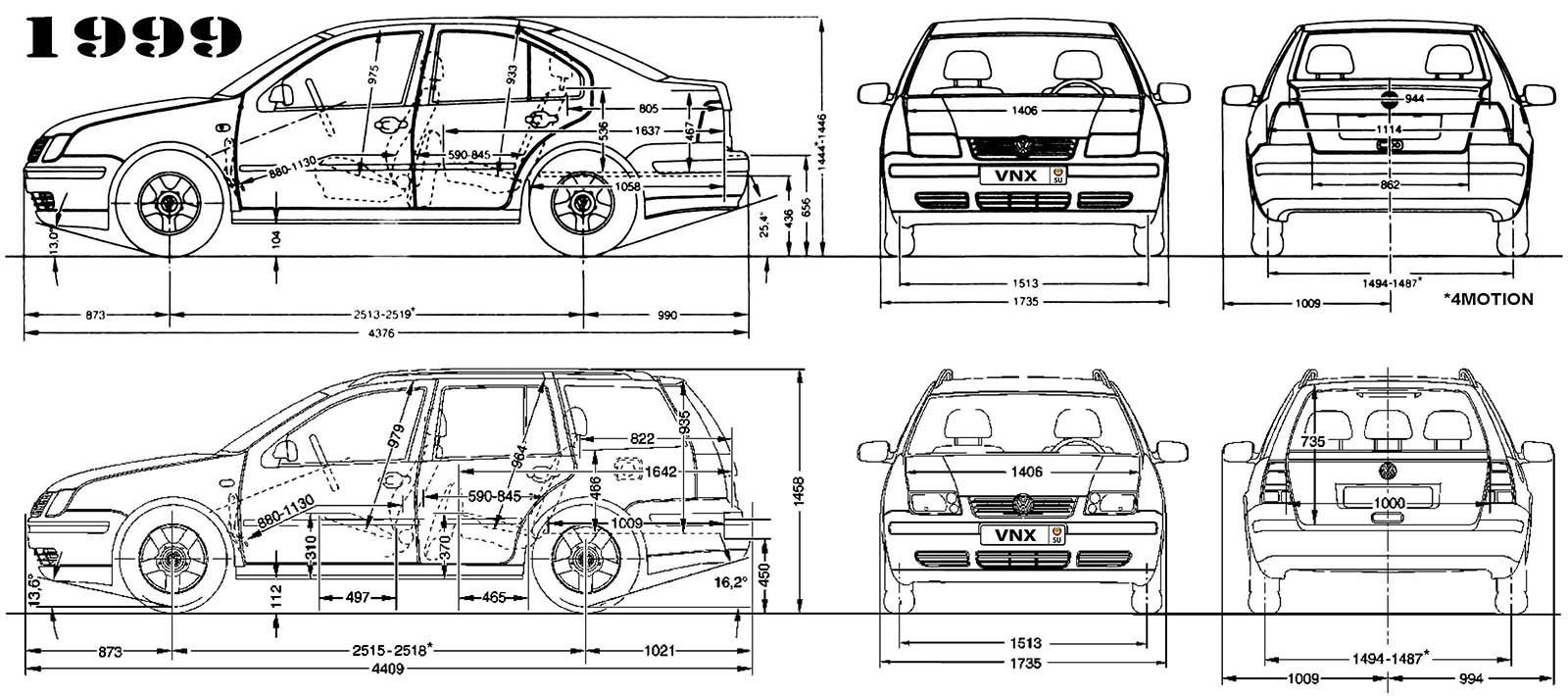 Габаритные размеры Фольксваген Гольф 4 и Бора (dimensions VW Bora)