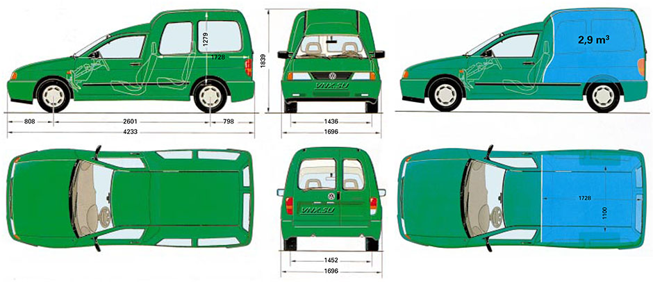 Габаритные размеры Фольксваген Кадди 1995-2003 (dimensions Volkswagen Caddy Mark II)