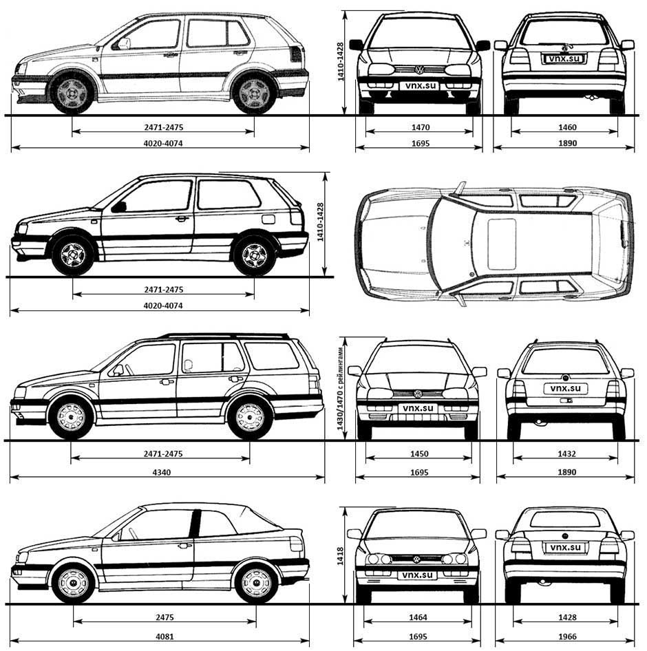 Габаритные размеры Фольксваген Гольф 3 1991-2002 (dimensions VW Golf III)