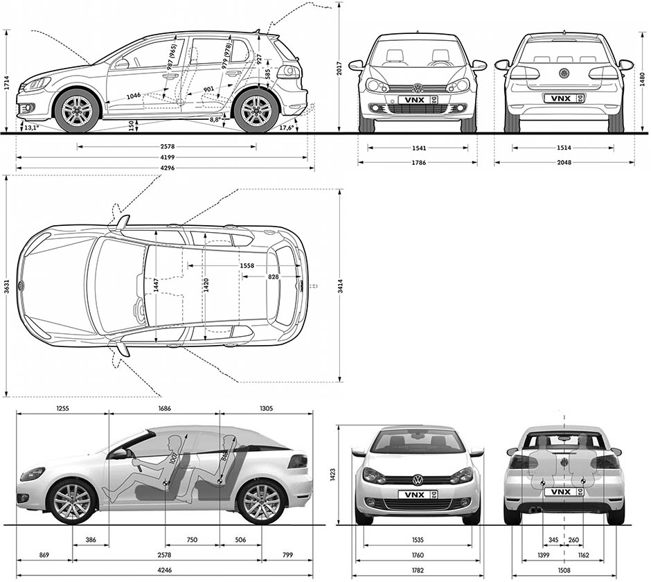Габаритные размеры Фольксваген Гольф 6 2008-2013 (dimensions VW Golf VI)