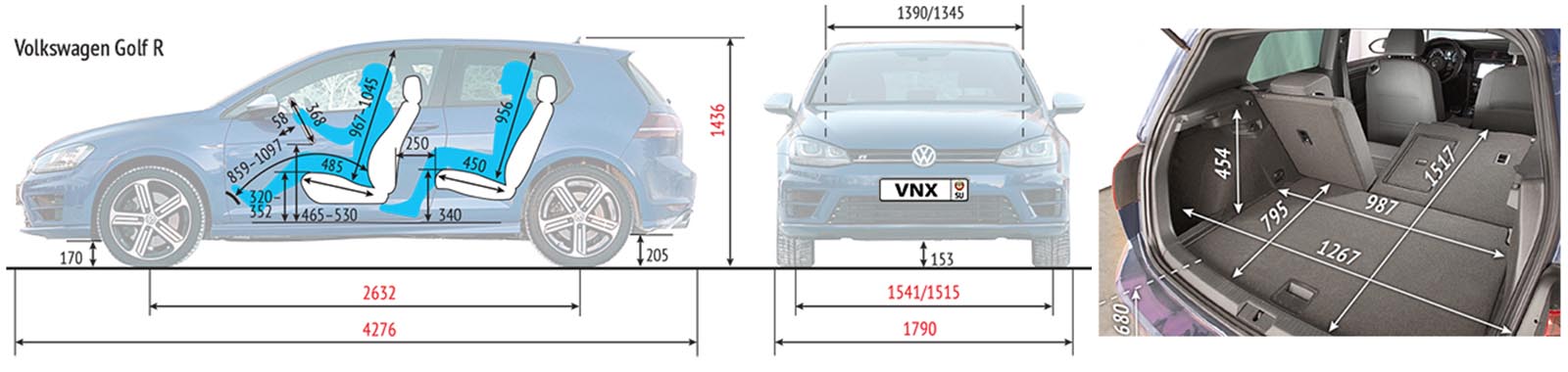 Габаритные размеры Фольксваген Гольф 7 Р (dimensions VW Golf R 2014)