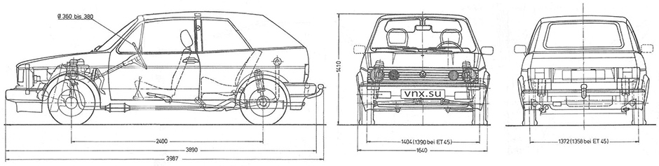Габаритные размеры Фольксваген Гольф кабриолет 1974-1983 (dimensions VW Golf I cabriolet)