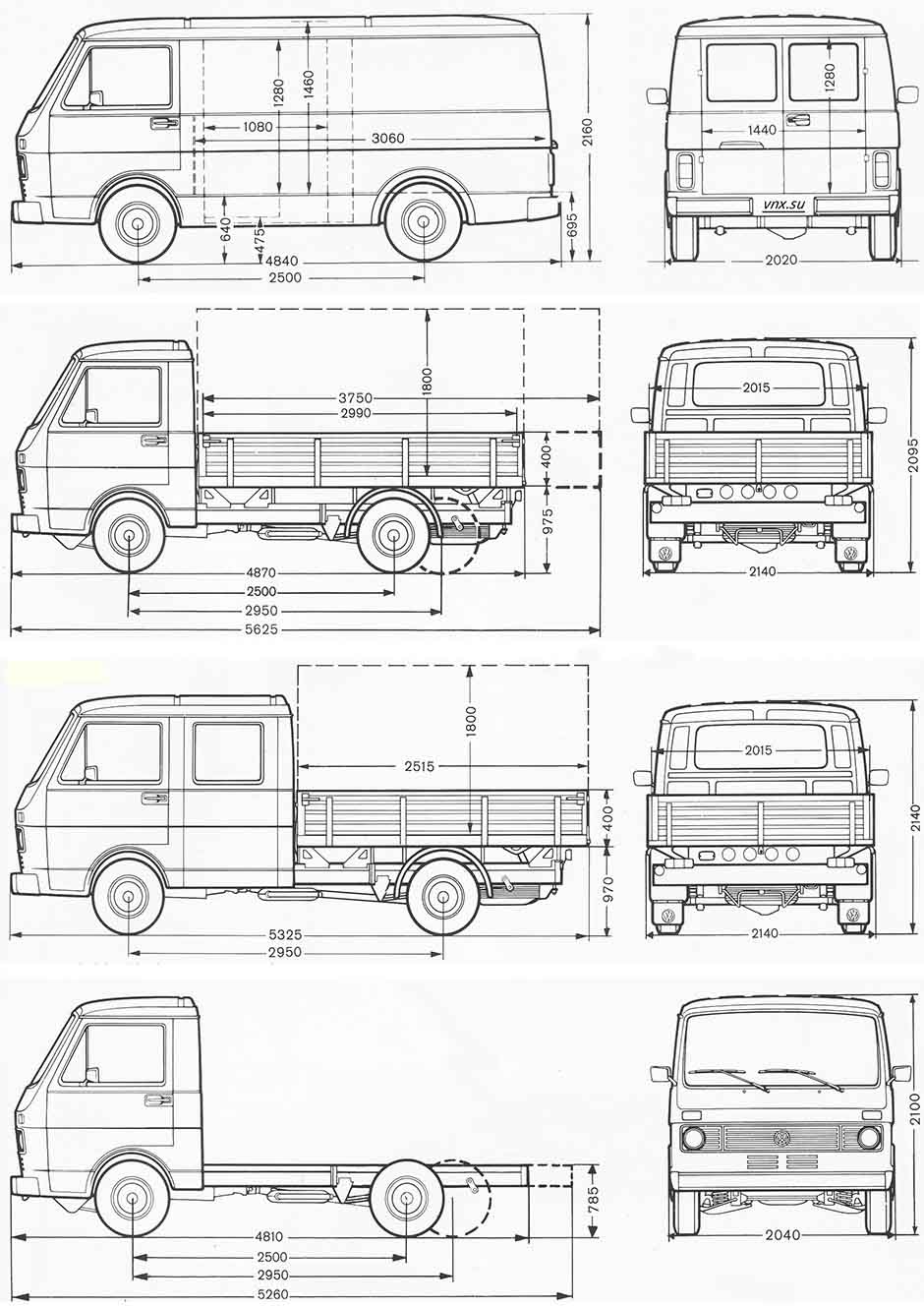 Габаритные размеры Фольксваген ЛТ 1975-1987 (dimensions VW LT28, LT31, LT35, LT40, LT45)