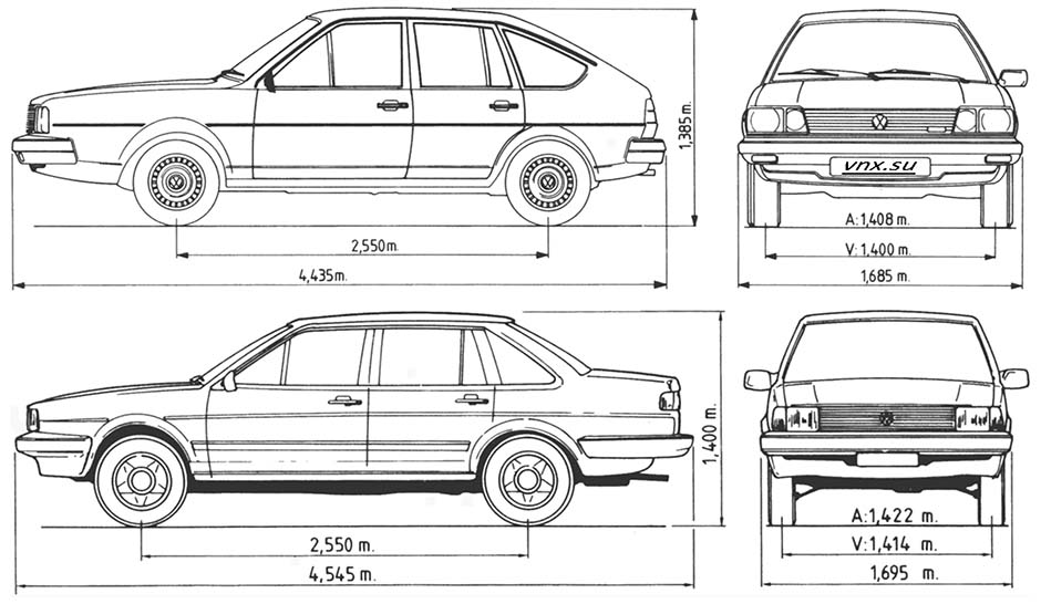 Габаритные размеры Фольксваген Пассат, Сантана 80-88 (dimensions Volkswagen Passat B2 / Santana)