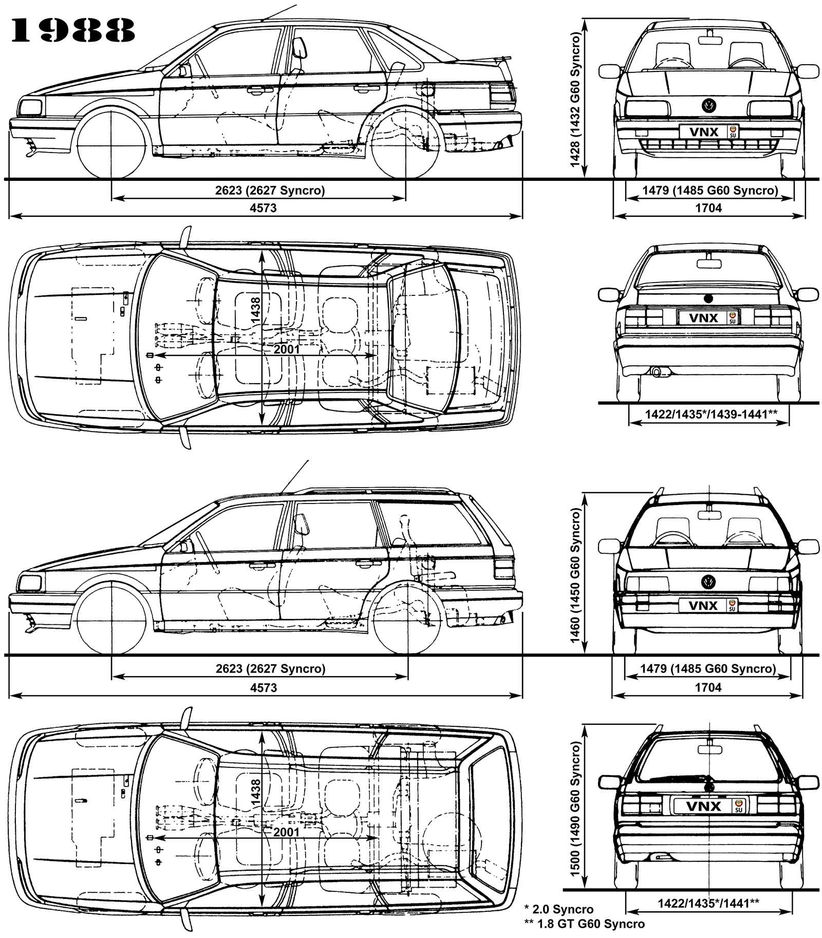 Габаритные размеры Фольксваген Пассат Б3 1988-1993 (dimensions VW Passat B3)