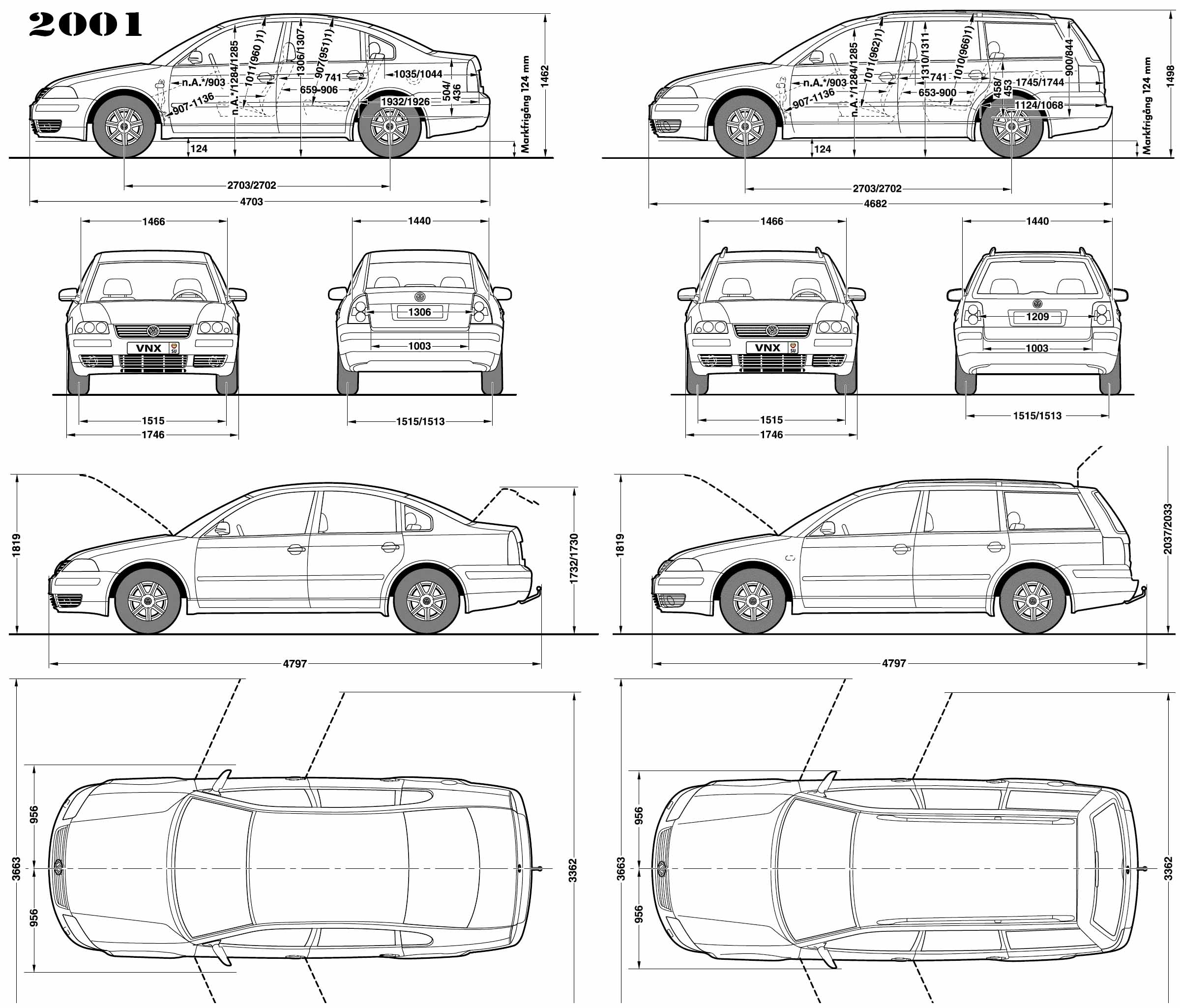 Габаритные размеры Фольксваген Пассат Б5 2001 (dimensions VW Passat B5)