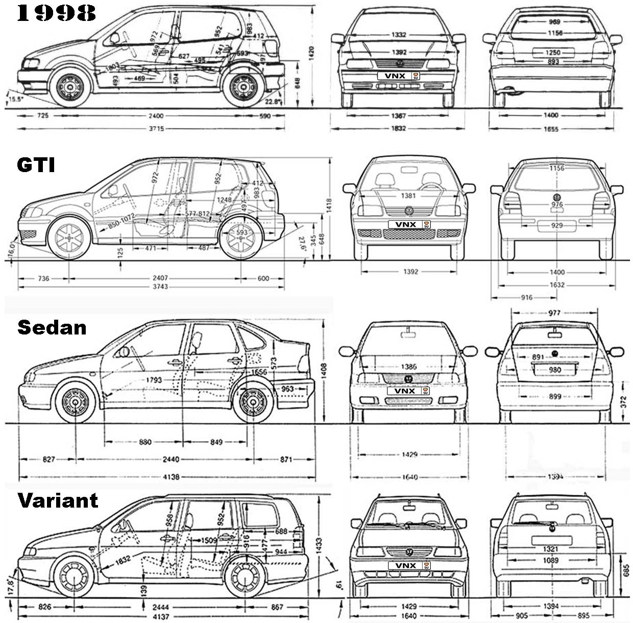 Габаритные размеры Фольксваген Поло (dimensions VW Polo 1994-1999)