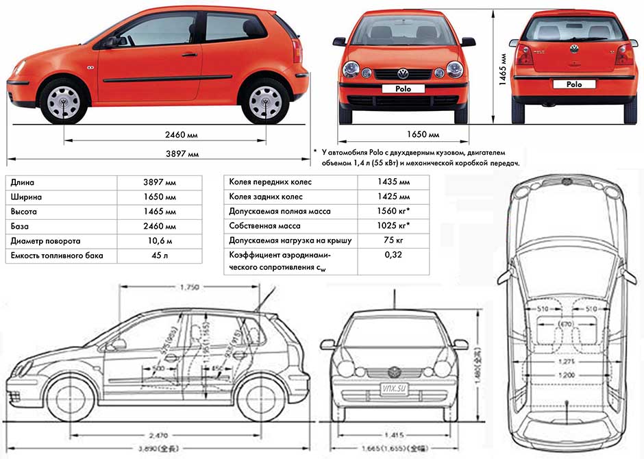 Габаритные размеры Фольксваген Поло (dimensions VW Polo 2001-2008)