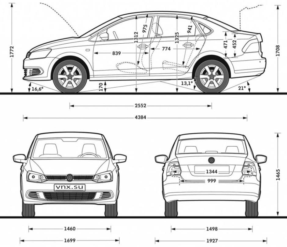 Габаритные размеры Фольксваген Поло седан 2010-2015 (dimensions VW Polo sedan)