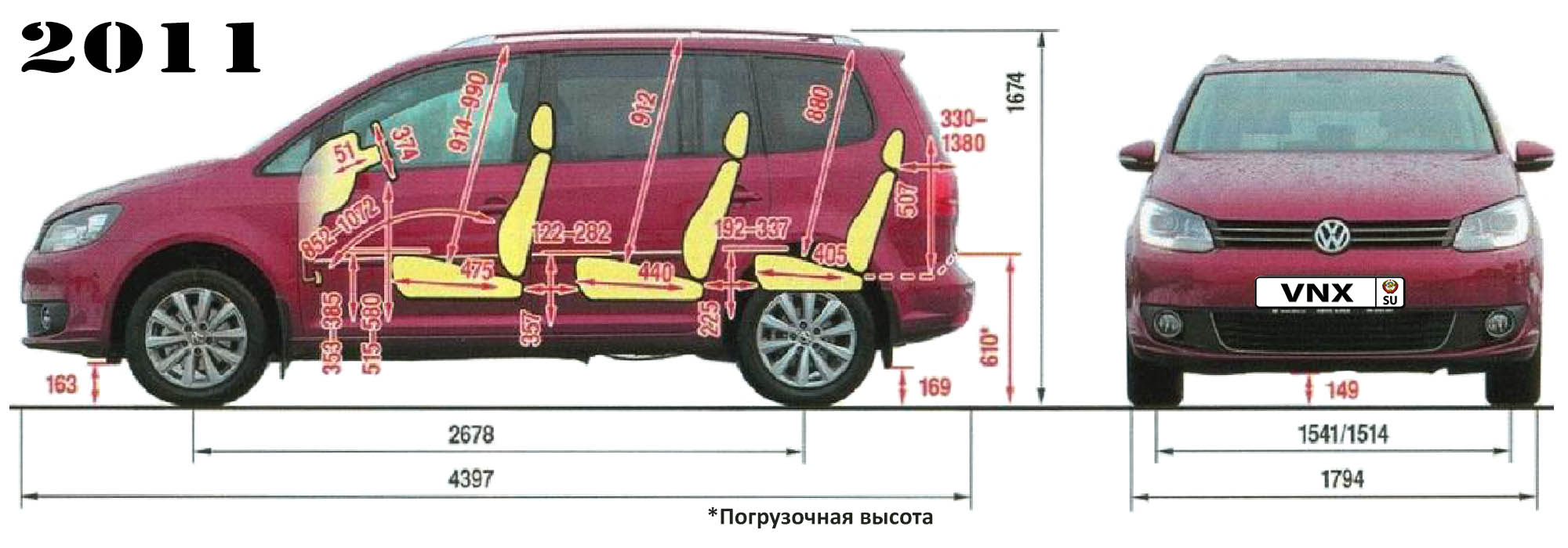 Габаритные размеры Фольксваген Туран рестайлинг (dimensions VW Touran 2010)