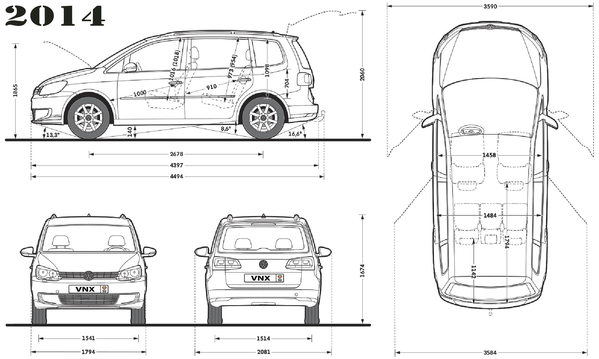 Габаритные размеры Фольксваген Туран 2014 (dimensions VW Touran Typ 1T)